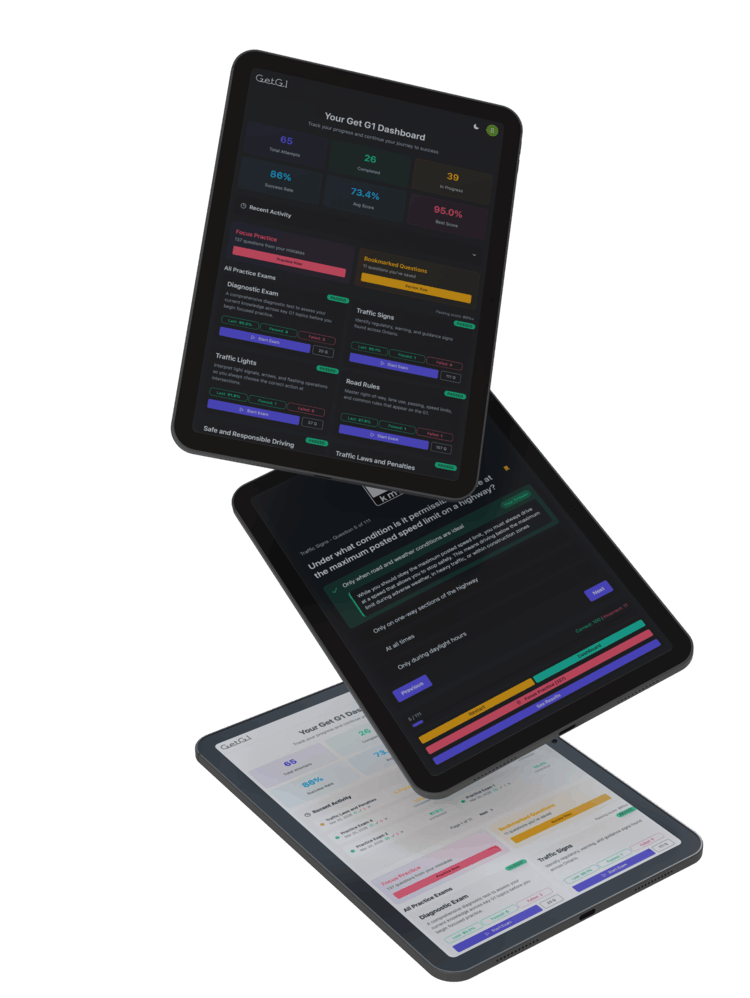 Stacked iPad mockups showing dashboard, question practice, and light mode progress view
